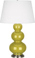 Citron Glazed Ceramic w/Antique Silvered with Pearl Dupioni Fabric Shade Glass and White Shade