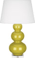 Citron Glazed Ceramic w/Lucite with Pearl Dupioni Fabric Shade Glass and Green Shade