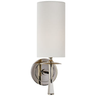 Buy polished-nickel-with-crystal-with-4-5-x-4-5-x-8-5-linen-glass-and-white-shade Drunmore Outdoor (Damp) Sconce by Visual Comfort Signature