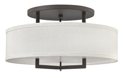 Hampton Semi-Flush Mount Ceiling Light by Hinkley – Lights: 3 Light (26.00"L x 26.00"W x 14.50"H) – Finish: Buckeye Bronze with Off-White Linen Hardback Glass and White Shade – Hinkley-3211KZ
