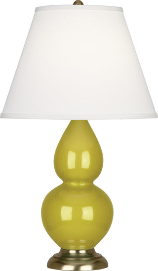 Buy citron-glazed-ceramic-w-antique-brassed-with-pearl-dupioni-fabric-shade-glass-and-green-shade Small Double Gourd Lamp by Robert Abbey