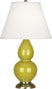 Citron Glazed Ceramic w/Antique Brassed with Pearl Dupioni Fabric Shade Glass and Green Shade