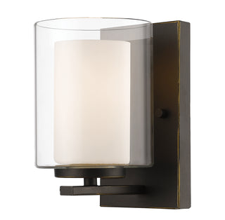 Buy olde-bronze-with-clear-outside-matte-opal-inside-glass-and-opal-shade Willow Outdoor (Damp) Sconce by Z-Lite
