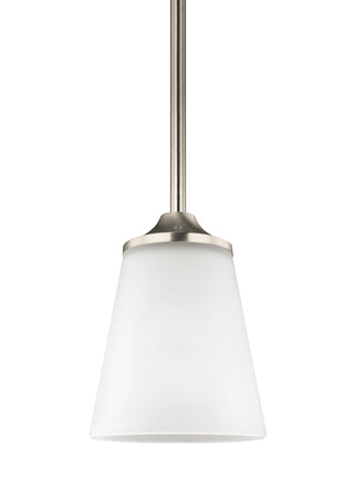 Buy brushed-nickel-with-satin-etched-glass-and-white-shade Hanford Outdoor (Damp) Mini Pendant by Generation Lighting