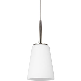 Buy brushed-nickel-with-cased-opal-etched-glass-and-white-shade Driscoll Outdoor (Damp) Mini Pendant by Generation Lighting