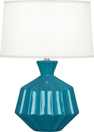 Buy peacock-glazed-ceramic-with-oyster-linen-shade-with-self-fabric-top-diffuser-glass Orion Table Lamp by Robert Abbey