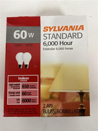 60 Watt A19 Incandescent, Medium Base, 120V-125V Frosted 2-Pack Light Bulb by Sylvania