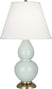 Celadon Glazed Ceramic w/Antique Natural Brassed with Pearl Dupioni Fabric Shade Glass