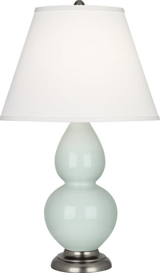 Buy celadon-glazed-ceramic-w-antique-silvered-with-pearl-dupioni-fabric-shade-glass Small Double Gourd Lamp by Robert Abbey