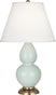 Celadon Glazed Ceramic w/Antique Brass with Pearl Dupioni Fabric Shade Glass