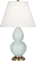Celadon Glazed Ceramic w/Antique Brass with Pearl Dupioni Fabric Shade Glass