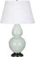 Celadon Glazed Ceramic w/Deep Patina Bronze with Pearl Dupioni Fabric Shade Glass