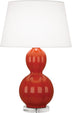 Rusty Red Orange Glazed Ceramic w/Lucite with Pearl Dupioni Fabric Shade Glass