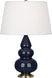 Midnight Blue Glazed Ceramic w/Antique Brassed with Pearl Dupioni Fabric Shade Glass