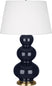 Midnight Blue Glazed Ceramic w/Antique Brassed with Pearl Dupioni Fabric Shade Glass