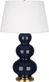 Midnight Blue Glazed Ceramic w/Antique Brassed with Pearl Dupioni Fabric Shade Glass