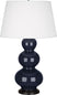 Midnight Blue Glazed Ceramic w/Deep Patina Bronzeed with Pearl Dupioni Fabric Shade Glass