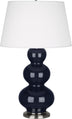 Midnight Blue Glazed Ceramic w/Antique Silvered with Pearl Dupioni Fabric Shade Glass