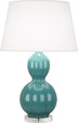 Blue Green Glazed Ceramic w/Lucite with Pearl Dupioni Fabric Shade Glass
