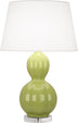 Muted Chartreuse Glazed Ceramic w/Lucite with Pearl Dupioni Fabric Shade Glass