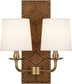 English Ochre Leather w/Nailhead/Aged Brass with Fondine Fabric Shades Glass
