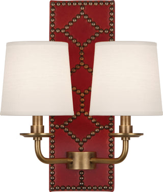 Buy dragons-blood-leather-w-nailhead-aged-brass-with-fondine-fabric-shades-glass Williamsburg Lightfoot Sconce by Robert Abbey