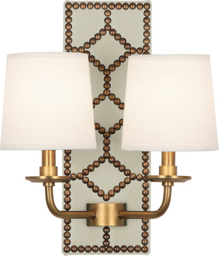Buy bruton-white-leather-w-nailhead-aged-brass-with-fondine-fabric-shades-glass Williamsburg Lightfoot Sconce by Robert Abbey