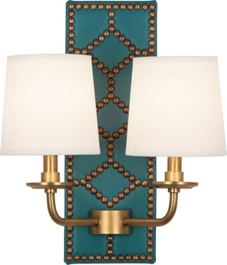 Buy mayo-teal-leather-w-nailhead-aged-brass-with-fondine-fabric-shades-glass Williamsburg Lightfoot Sconce by Robert Abbey