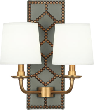 Buy carter-gray-leather-w-nailhead-aged-brass-with-fondine-fabric-shades-glass Williamsburg Lightfoot Sconce by Robert Abbey