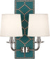 Mayo Teal Leather w/Nailhead/Polished Nickel with Fondine Fabric Shades Glass
