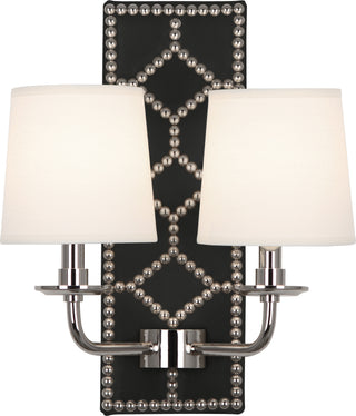 Buy blacksmith-black-leather-w-nailhead-polished-nickel-with-fondine-fabric-shades-glass Williamsburg Lightfoot Sconce by Robert Abbey