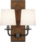 English Ochre Leather w/Nailhead/Deep Patina Bronze with Fondine Fabric Shades Glass