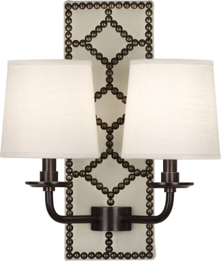 Buy bruton-white-leather-w-nailhead-deep-patina-bronze-with-fondine-fabric-shades-glass Williamsburg Lightfoot Sconce by Robert Abbey