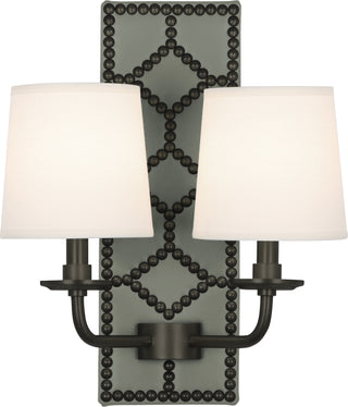 Buy carter-gray-leather-w-nailhead-deep-patina-bronze-with-fondine-fabric-shades-glass Williamsburg Lightfoot Sconce by Robert Abbey