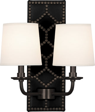 Buy blacksmith-black-leather-w-nailhead-deep-patina-bronze-with-fondine-fabric-shades-glass Williamsburg Lightfoot Sconce by Robert Abbey