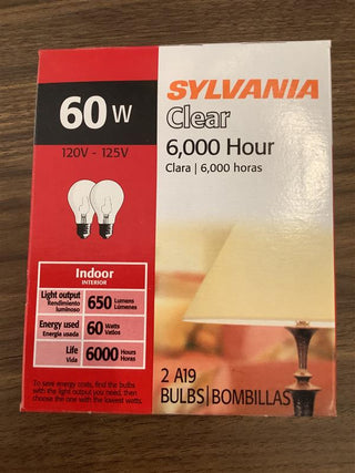 60 Watt A19 Incandescent, Medium Base, 120V-125V Clear 2-Pack Light Bulb by Sylvania