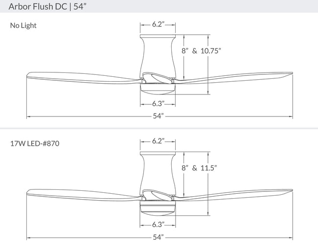 Modern Fan Co Arbor DC 54" Flush Mount Ceiling Fan - Damp Rated - dimension drawing (ARB-FM-54-LineDrawing.jpg) [Modern Fan Co-ARB-FM-GW-54-EB-NL-WC|CUSTOM|10]
