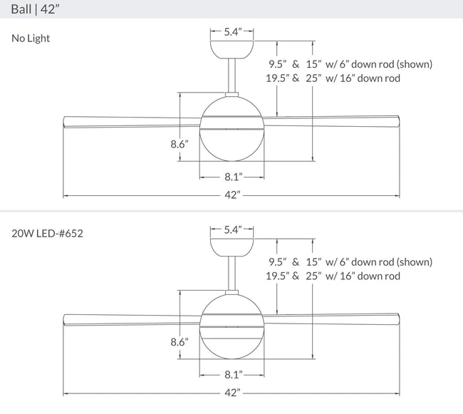 Modern Fan Co Ball 42" Ceiling Fan - Damp Rated - dimension drawing (BAL-42-LineDrawing.jpg) [Modern Fan Co-BAL-GW-42-WH-NL-001|CUSTOM|15]
