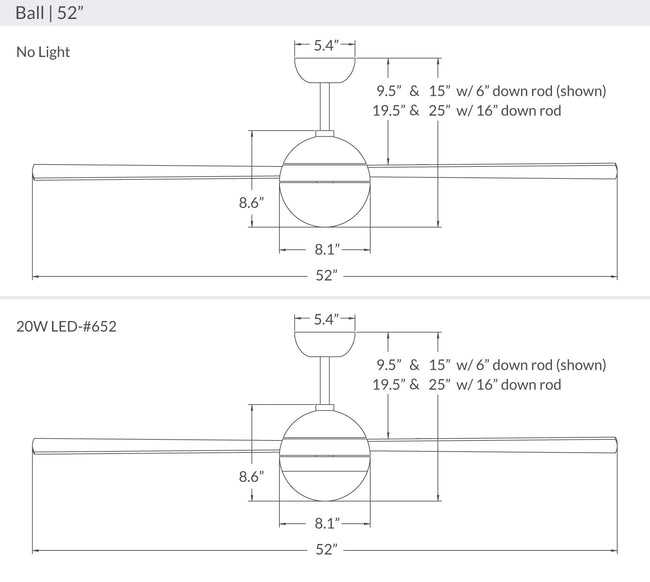 Modern Fan Co Ball 52" Ceiling Fan - Damp Rated - dimension drawing (BAL-52-LineDrawing.jpg) [Modern Fan Co-BAL-GW-52-WH-NL-001|CUSTOM|15]