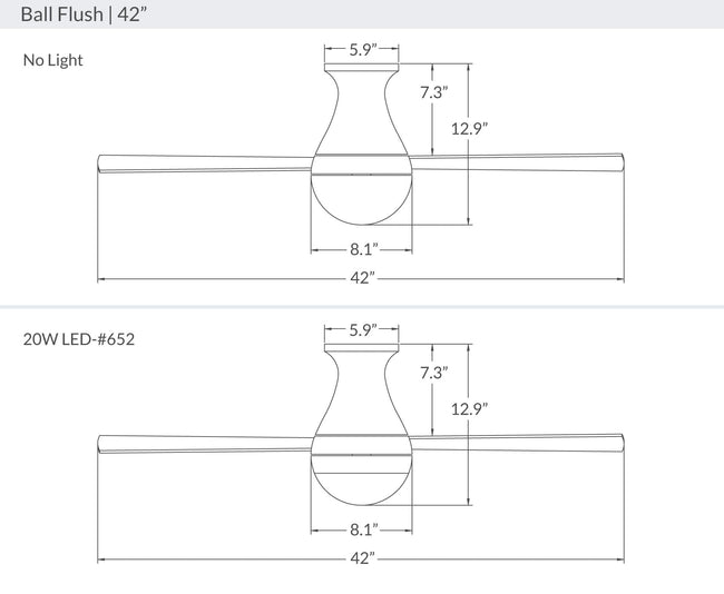 Modern Fan Co Ball 42" Flush Mount Ceiling Fan - Damp Rated - dimension drawing (BAL-FM-42-LineDrawing.jpg) [Modern Fan Co-BAL-FM-GW-42-WH-NL-001|CUSTOM|9]