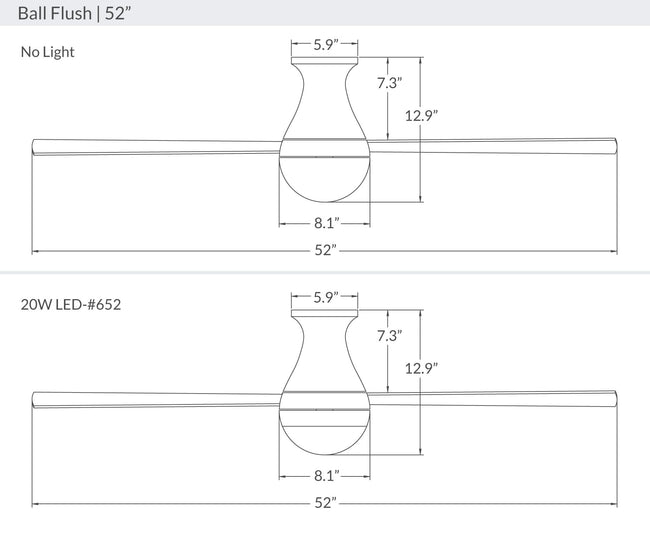 Modern Fan Co Ball 52" Flush Mount Ceiling Fan - Damp Rated - dimension drawing (BAL-FM-52-LineDrawing.jpg) [Modern Fan Co-BAL-FM-GW-52-WH-NL-001|CUSTOM|9]