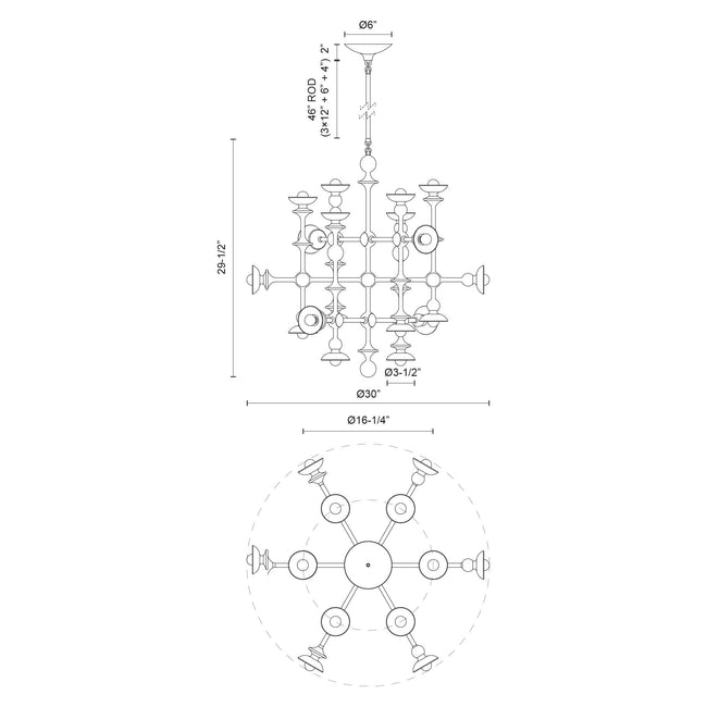 Cadence 29" 18-Light Chandelier - dimension drawing 2 [Alora-CH328129AW|CUSTOM|2]