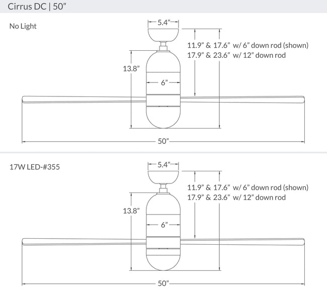 Modern Fan Co Cirrus DC 50" Ceiling Fan - Damp Rated - dimension drawing (CIR-50-LineDrawing.jpg) [Modern Fan Co-CIR-GW-50-WH-NL-WC|CUSTOM|15]