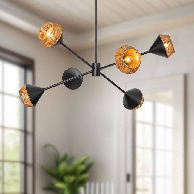 Daphne 38" 6-Light Chandelier - room setting, Matte Black/Brown Cotton Rope [Alora-CH633638MBBR|CUSTOM|2]