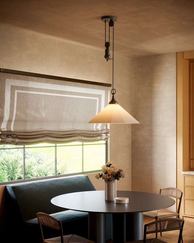 Ellen 20" Pendant - room setting, Matte Black/White Linen [Alora-PD447120MBWL|CUSTOM|1]