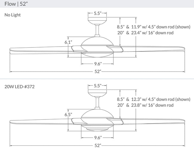 Modern Fan Co Flow 52" Ceiling Fan - Damp Rated - dimension drawing (FLO-52-LineDrawing.jpg) [Modern Fan Co-FLO-GW-52-WH-NL-001|CUSTOM|7]