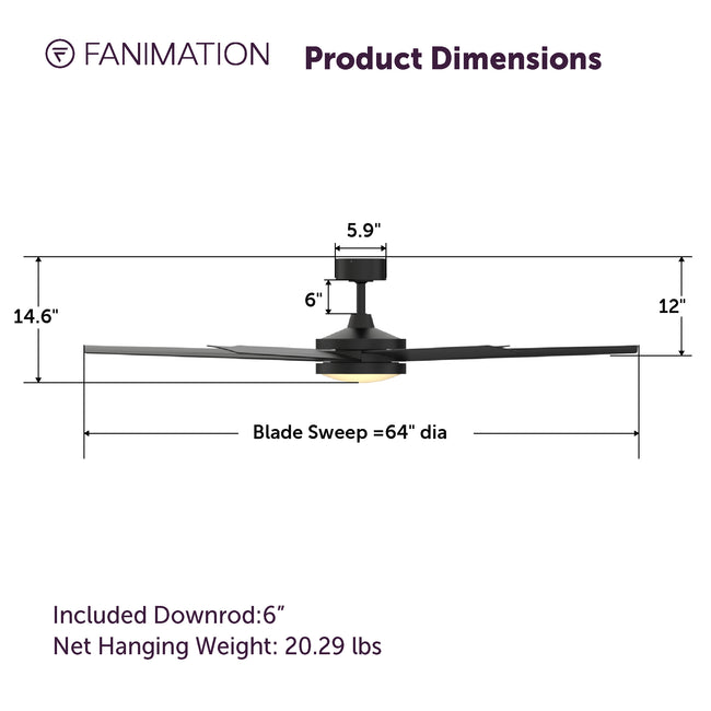 Fanimation FPD6605BL Brawn 64" Ceiling Fan, Black: product dimensions diagram [Fanimation-FPD6605BL|CUSTOM|2]