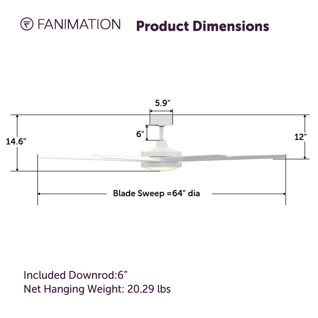 Fanimation FPD6605MW Brawn 64" Ceiling Fan, Matte White: product dimensions diagram [Fanimation-FPD6605MW|CUSTOM|2]