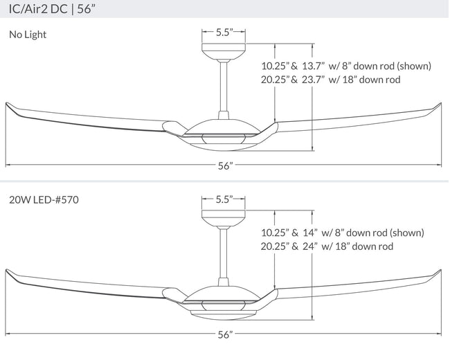 Modern Fan Co IC/Air2 DC 56" Ceiling Fan - Damp Rated - dimension drawing (IC2-56-LineDrawing.jpg) [Modern Fan Co-IC2-GW-56-WH-NL-WC|CUSTOM|7]