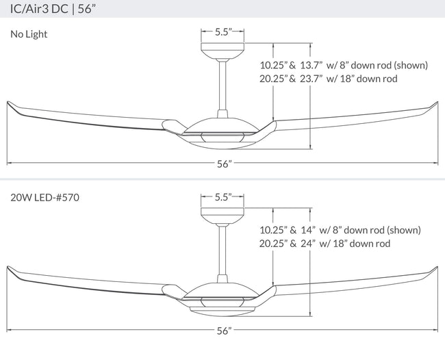 Modern Fan Co IC/Air3 DC 56" Ceiling Fan - Damp Rated - dimension drawing (IC3-56-LineDrawing.jpg) [Modern Fan Co-IC3-GW-56-WH-NL-WC|CUSTOM|13]